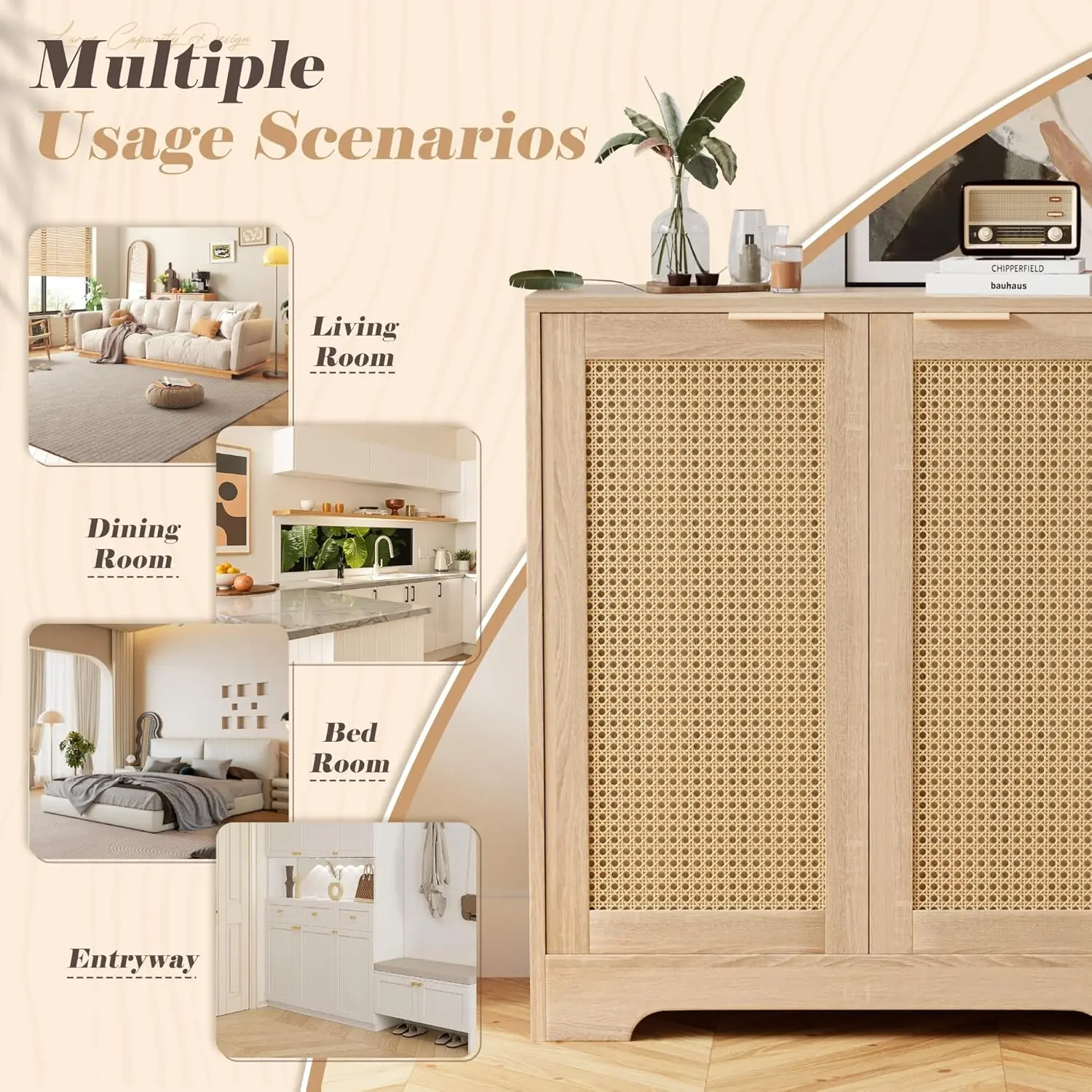 Buffet Bar Cabinet. Rattan Doors. TV Stand. Console Table. Adjustable Shelf. Dining Room, Living Room, Hallway. Beige.