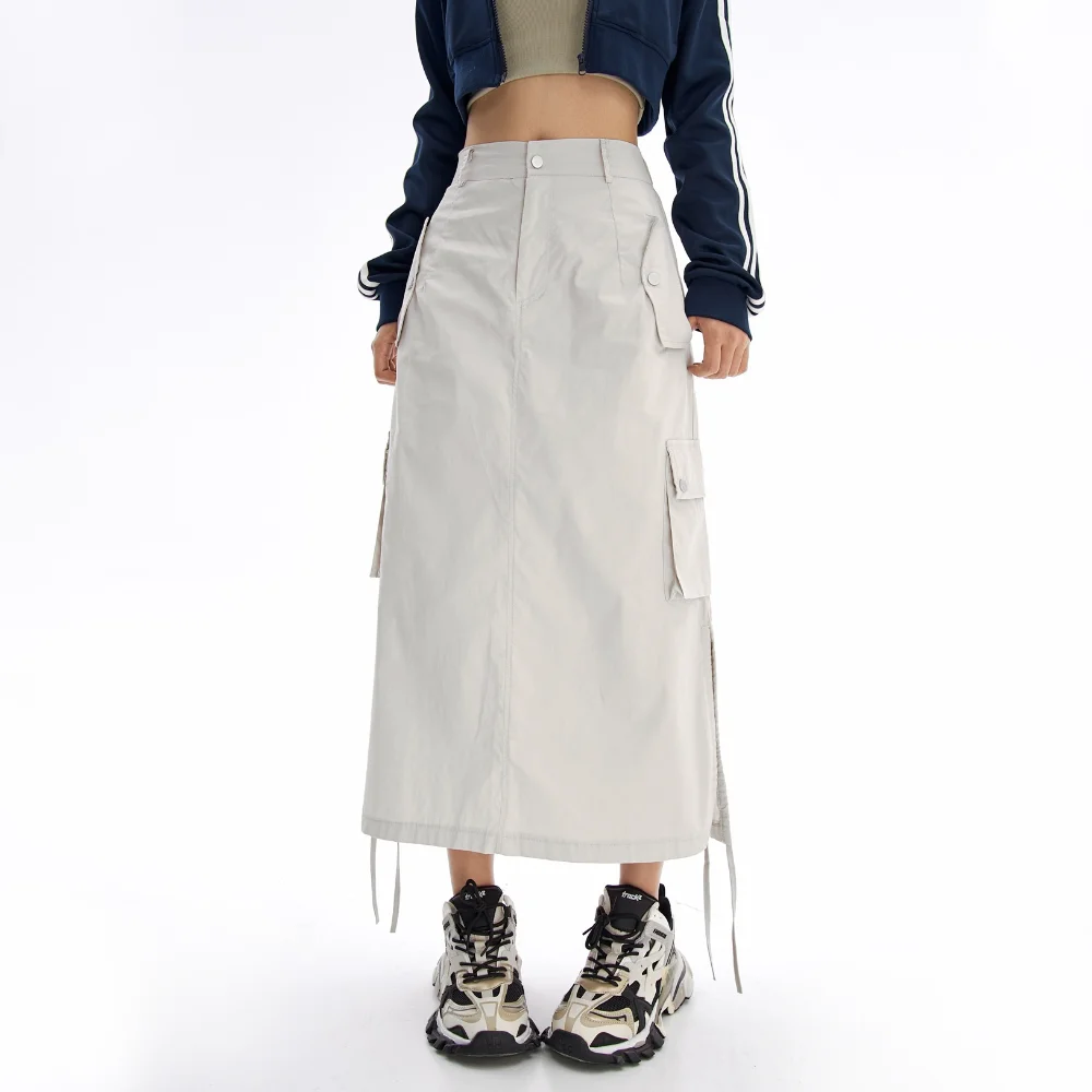 Y2k Cargo Midi Skirts Women Retro Streetwear Pocket High Waist Side Split Shirring Straight Long Skirt