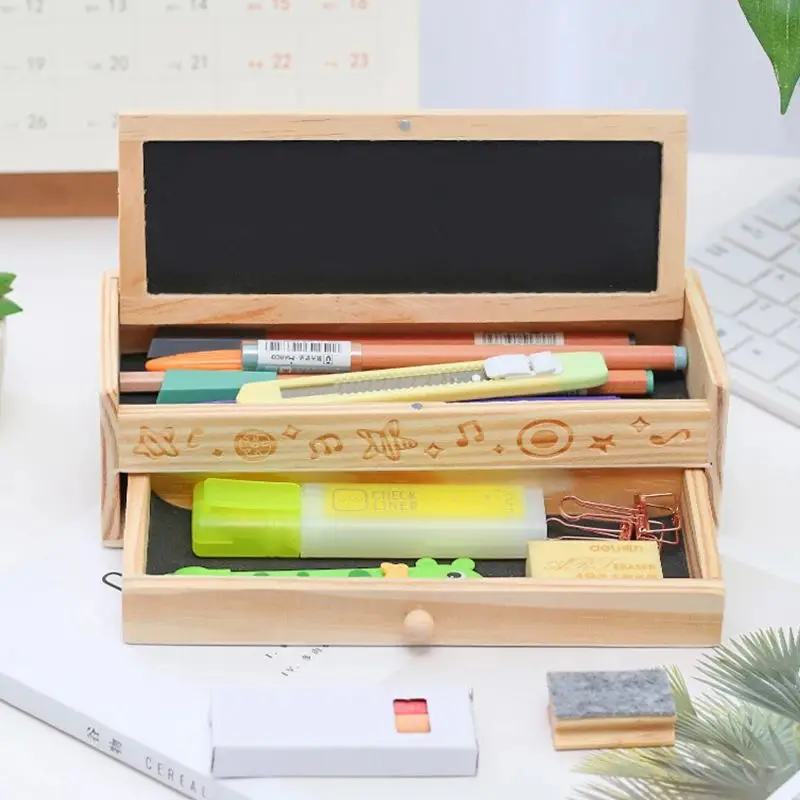 Wooden Pencil Case with Blackboard Double Layers Pencil Case for Boys Girls Students Stationery Pens Storage Organizer Box