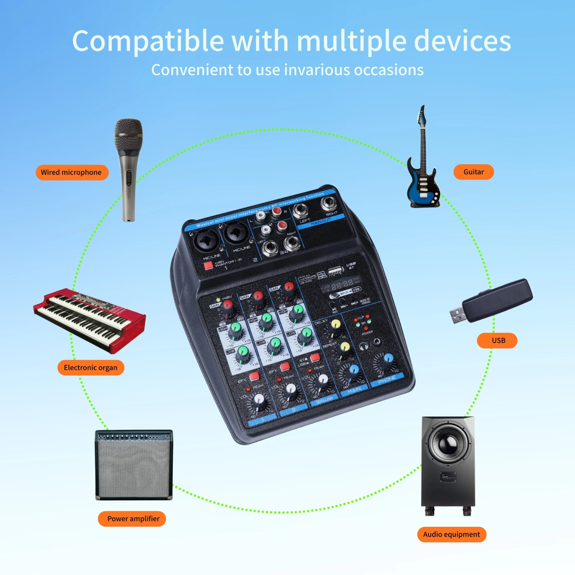 전문가용 4채널 DJ 오디오 믹서, USB MP3 입력 및 48V 팬텀 파워가 있는 블루투스 사운드 보드(노래방, 팟캐스팅, 라이브 방송용)