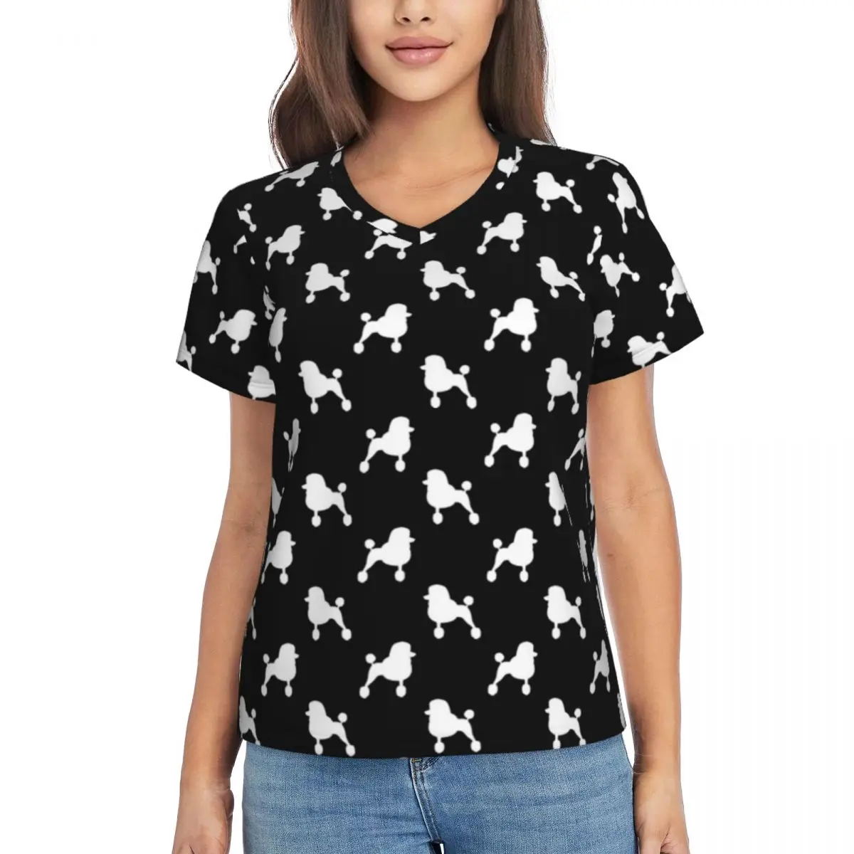 

Cute Dog Print T-Shirt Woman Standard Poodle Silhouette Y2K Retro V Neck T-Shirts Street Fashion Tshirt Summer Custom Top Tees