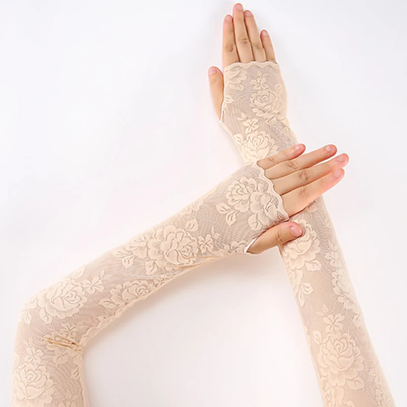 Sexy Perspective Lace Arm Sleeves Summer Thin Long Half Finger Riding Driving Sunscreen Mittens Woman's Fingerless Gloves S122