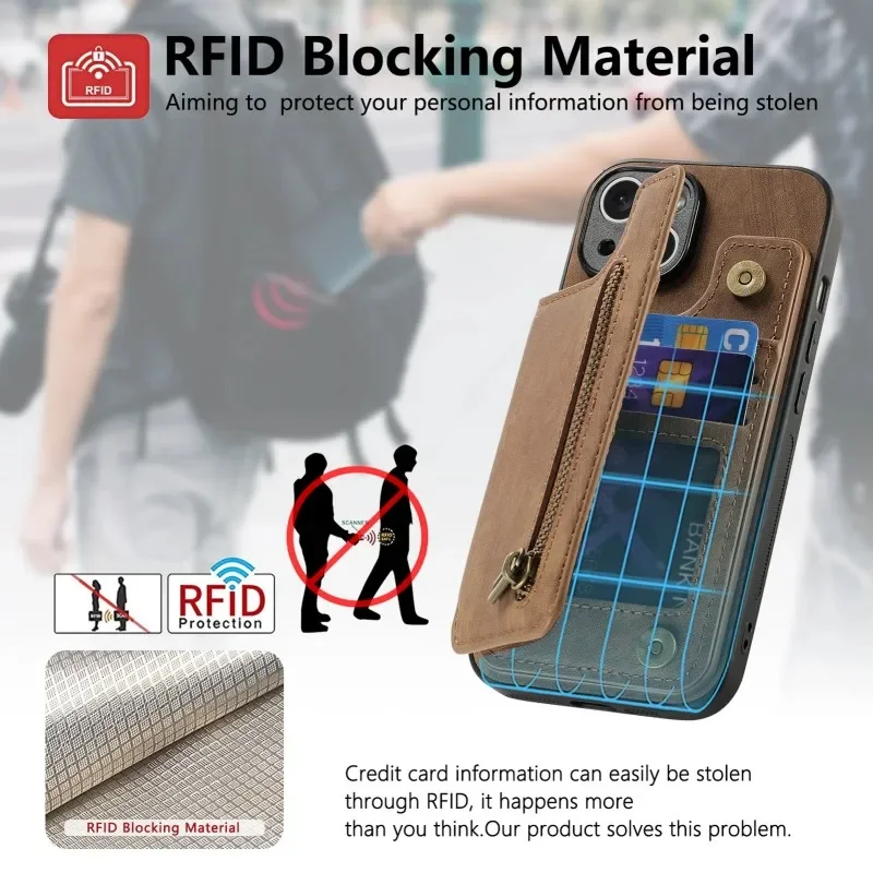 Leather Zipper Card Slot Wallet with Magnetic Closure and Double Buckle Cover