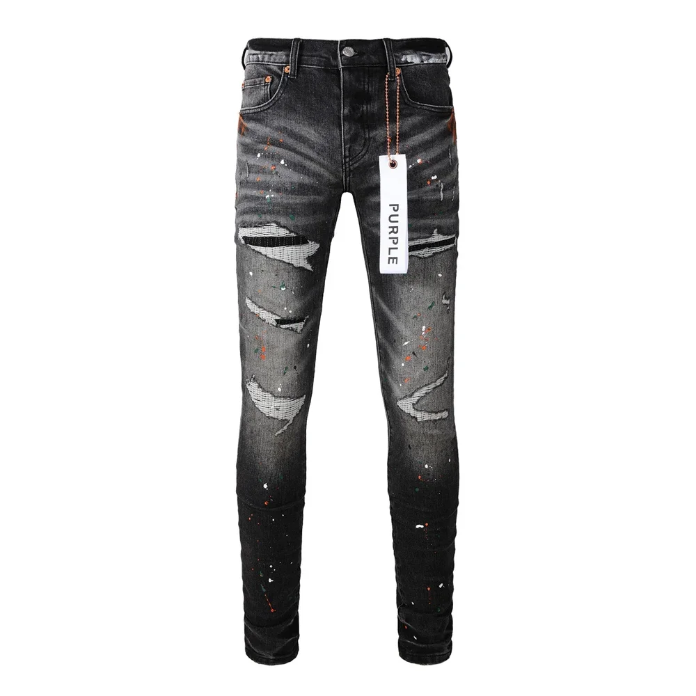 

AW Purple Brand Patch Men's High Street Slim Fit Destroyed Hole Black Hip Hop Denim Jeans Long Pants