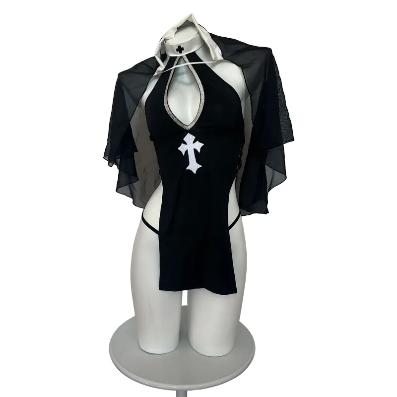 Japanese Cute Nun Role Play Cosplay Costume Sexy Lingerie Set Dress Anime Nun Headgear Hollow Out Passion Uniform Bar Temptation