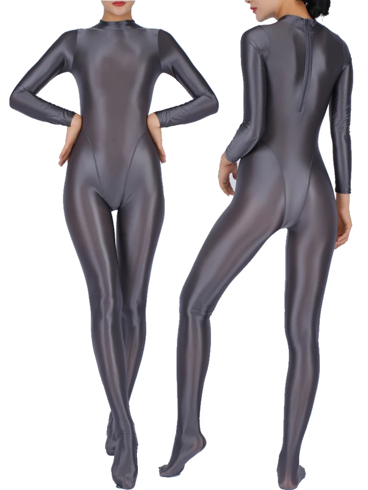 Shiny Stand Collar Back Zipper Catsuit Bodystocking High Cut Patchwork Bodysuit Tights Sexy Leotard Conjoined Jumpsuit Unitard 1