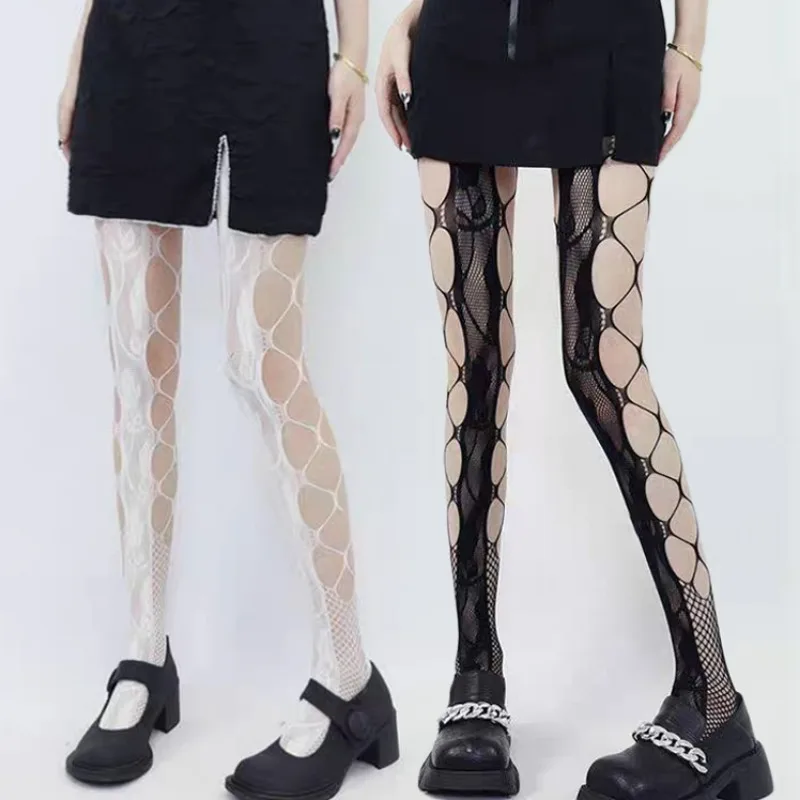 

Women Gothic Fishnet Stockings JK Lolita Side Mesh Hollow Out Pantyhose Y2k Sweet Cool Girls Floral Jacquard Black White Tights