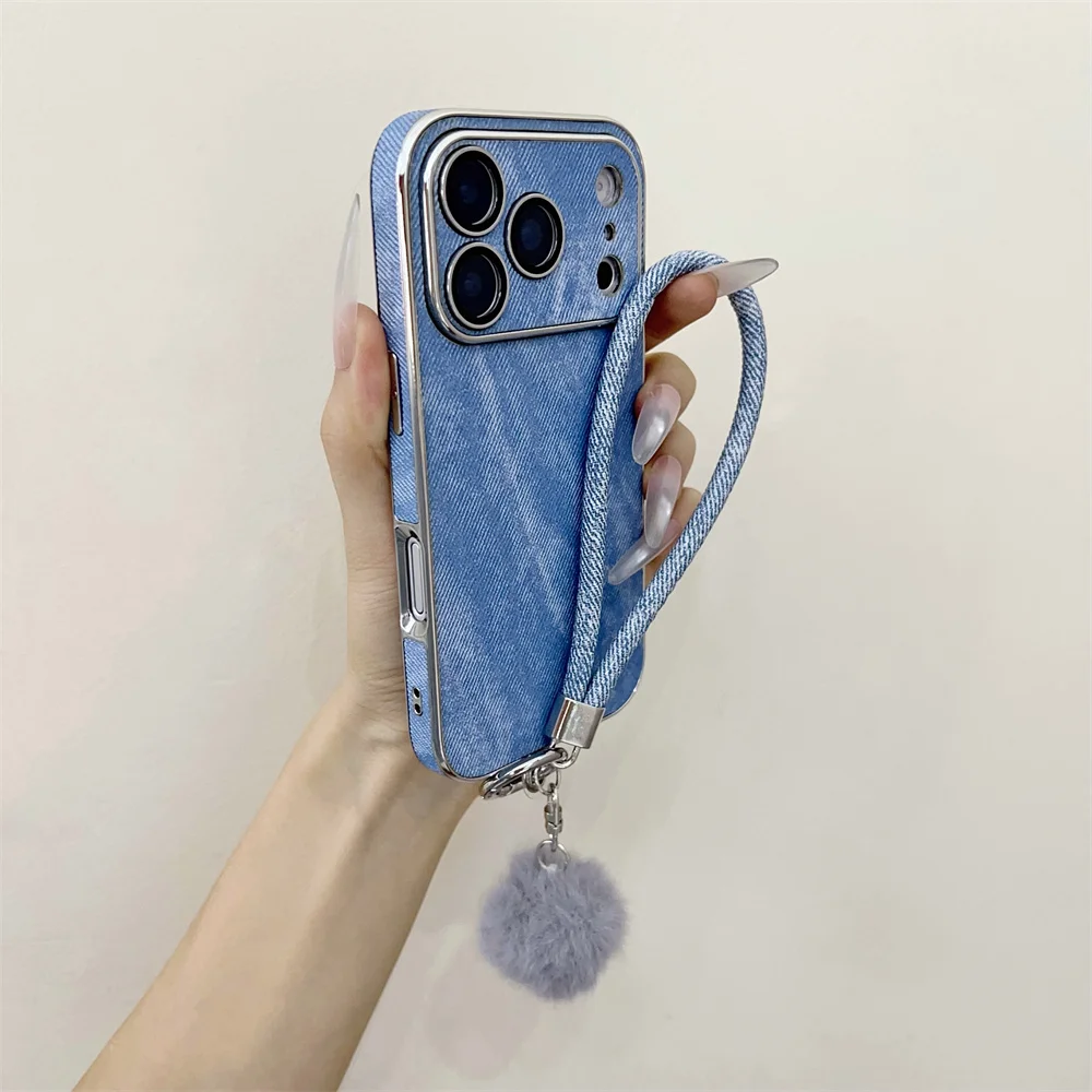 Luxury Jeans Denim Phone Case with Lanyard Wrist Strap and Matte Back Cover