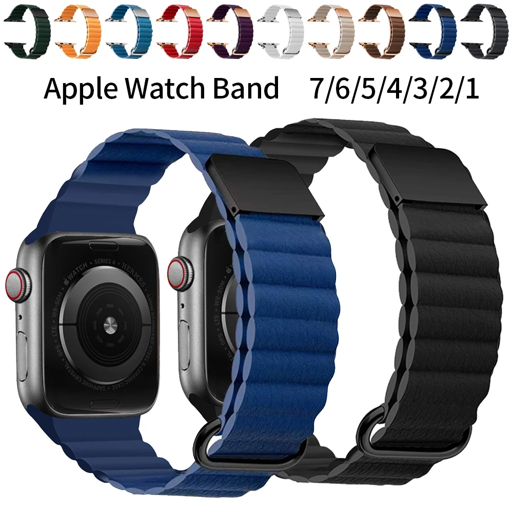 Leather Strap for Apple Watch 41mm 45mm Metal Magnetic Loop Band 38mm 42mm 40mm 44mm Stainless Steel Bracelet Series 7 654SE 321
