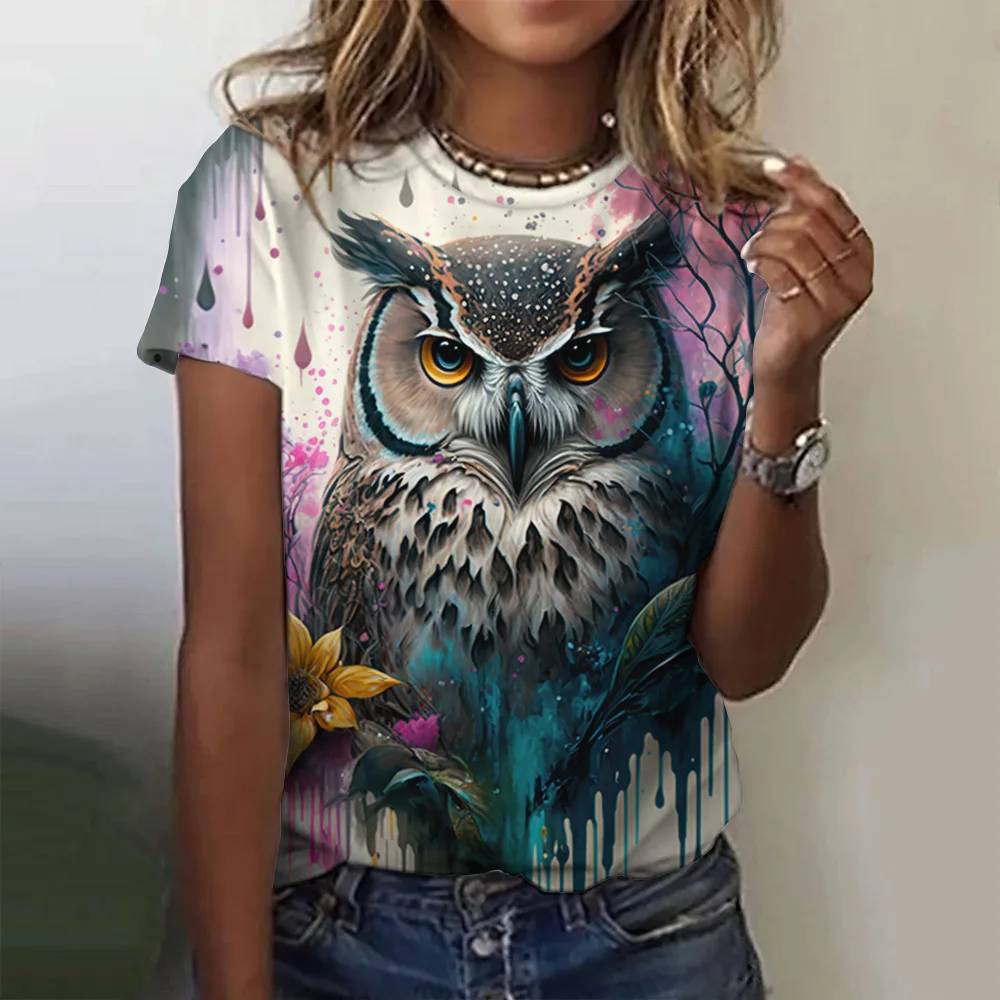

Vintage Animals Print Women's T Shirts Summer Fashion Short Sleeve Top 3d Owl Print Oversized Female Clothing Ladies Holiday Tee