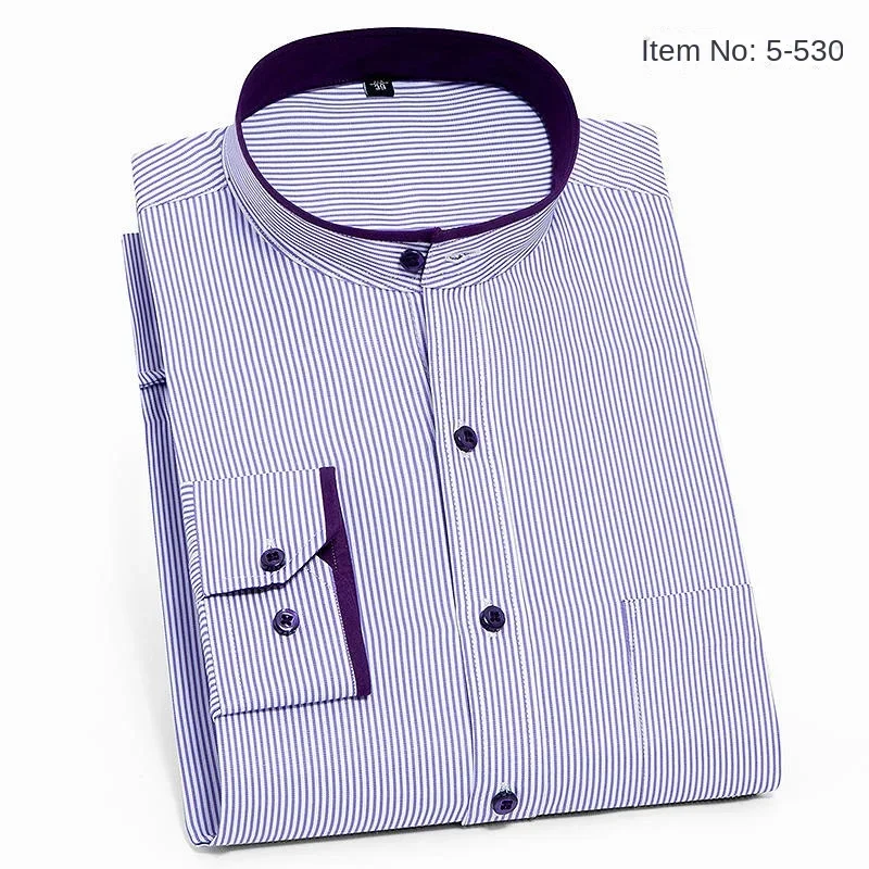Men's Chinese-style collar striped shirt Men's long-sleeved business non-ironing shirt solid color tunic suit, street wear