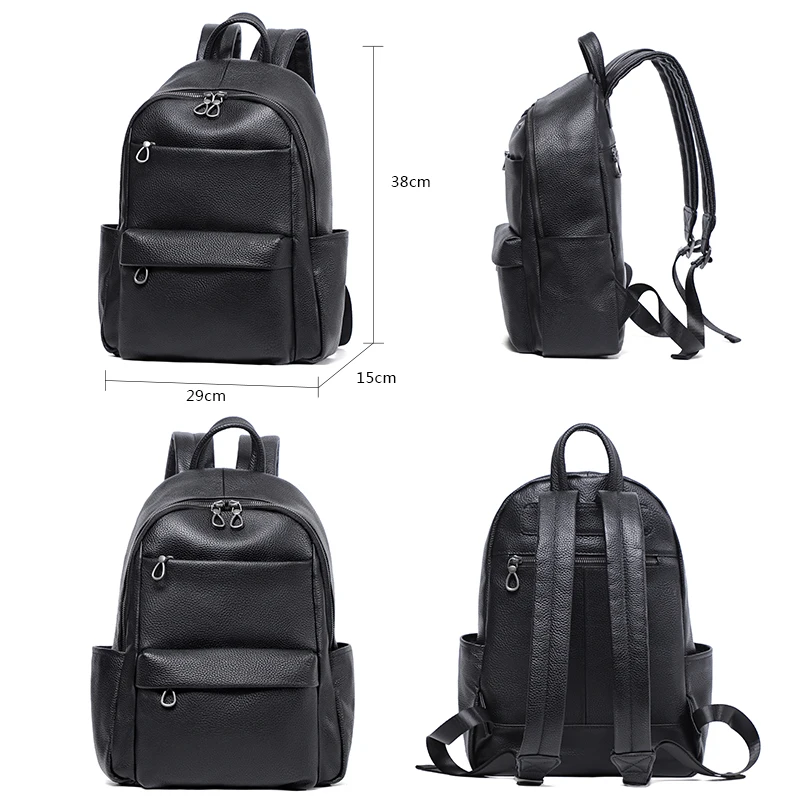 Fashion Multi Pockets Men Backpack Genuine Leather Black Laptop Bag Mochila Student Bookbag Boys School Bag Travel Rucksack Men
