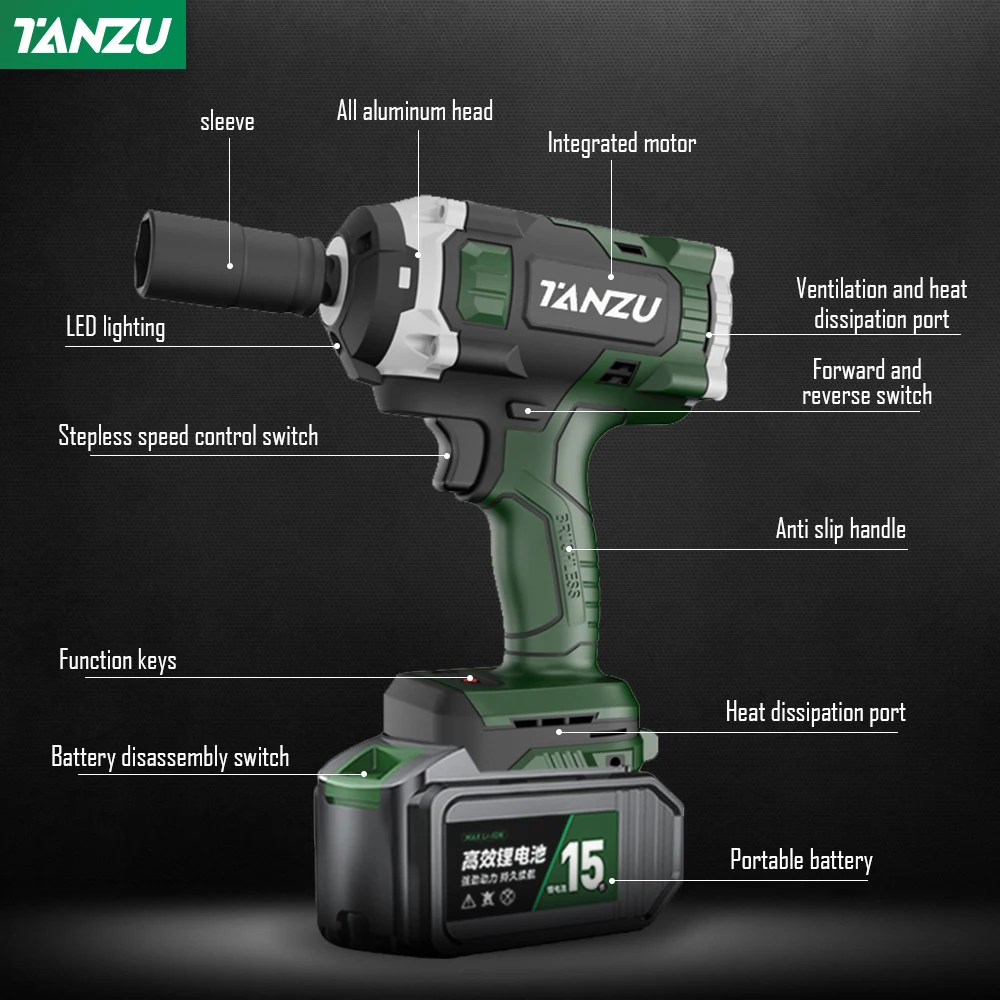 True 800N.m Electric Impact Wrench 21V Brushless Cordless High Torque With Lithium Battery For Car Truck Repair Power Tool Tanzu