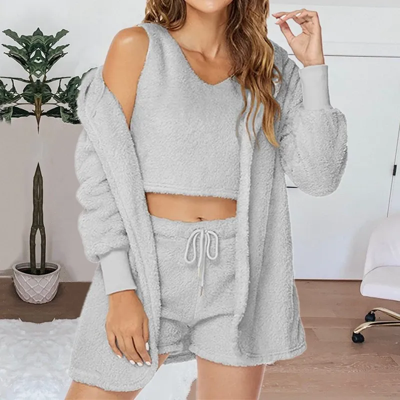 Women'S Sleepwear 3pcs Autumn Winter Soft Fuzzy Fluffy Homewear Hoodies Shorts Set Three-Piece Set Women Pajamas Loungewear Set