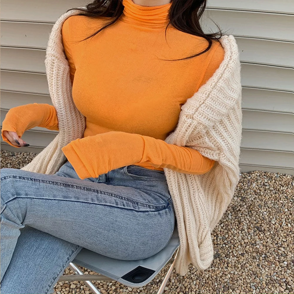 

Women Turtleneck T-Shirts Korean Casual Solid Bottoming Shirt Fashion Knit Collar Sleeve Edges Without Stitching Retro Knitwear