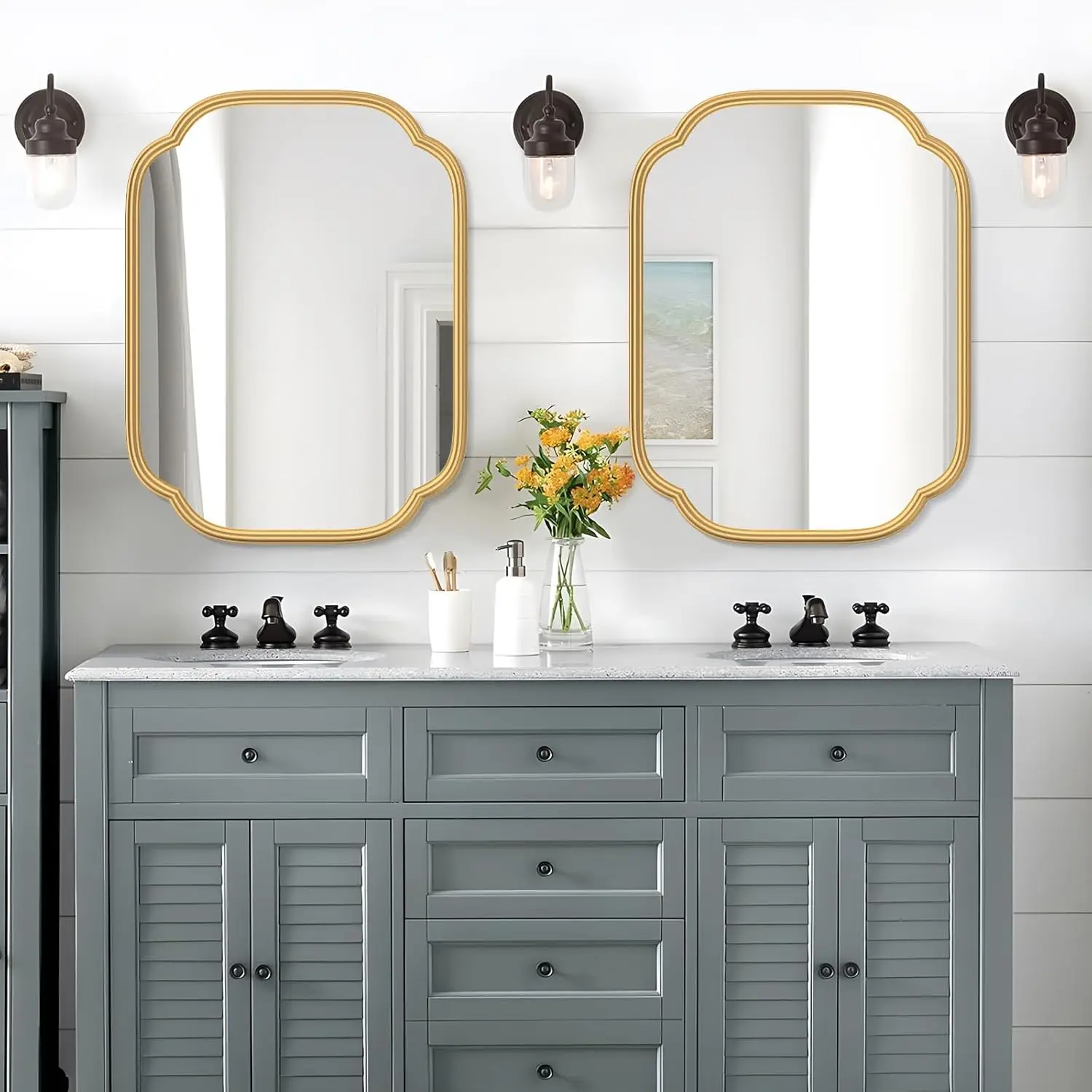 Gold Bathroom Mirror. 18"x24". Rectangular. Metal Frame. Farmhouse Style. Rounded Corners. Horizontal/Vertical.