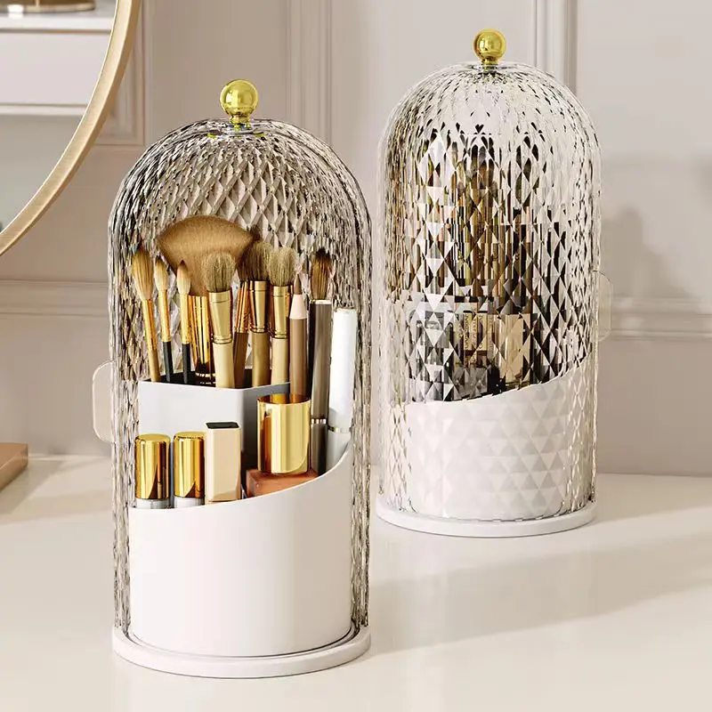 Makeup Brush Holder with Lid Diamond Birdcage 360° Rotating Makeup Organizer Dustproof Cosmetics Storage Box Lipstick Container 4