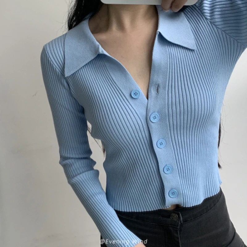 Women 2022 New Lapel Slim Slimming Tops Ladies Hollow Buttons Sexy V Neck Long Sleeve POLO Neck Knit Cardigan Sweater Women short sleeve cardigan