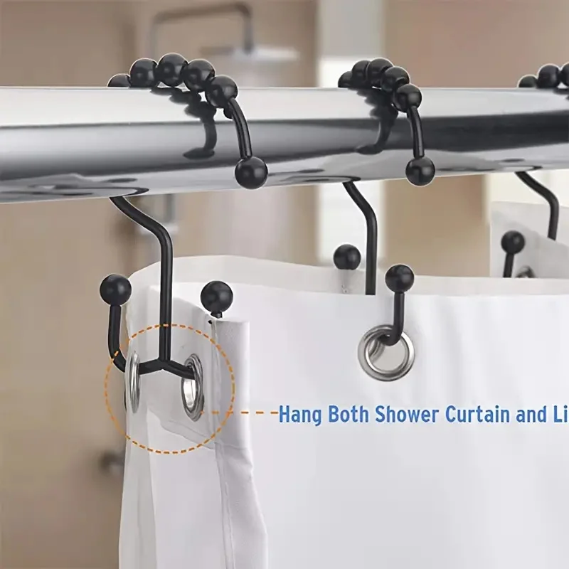 12pcs Stainless Steel Shower Curtain with Roller Balls-Double Glide Design for Easy & Secure Hanging on Shower Rods