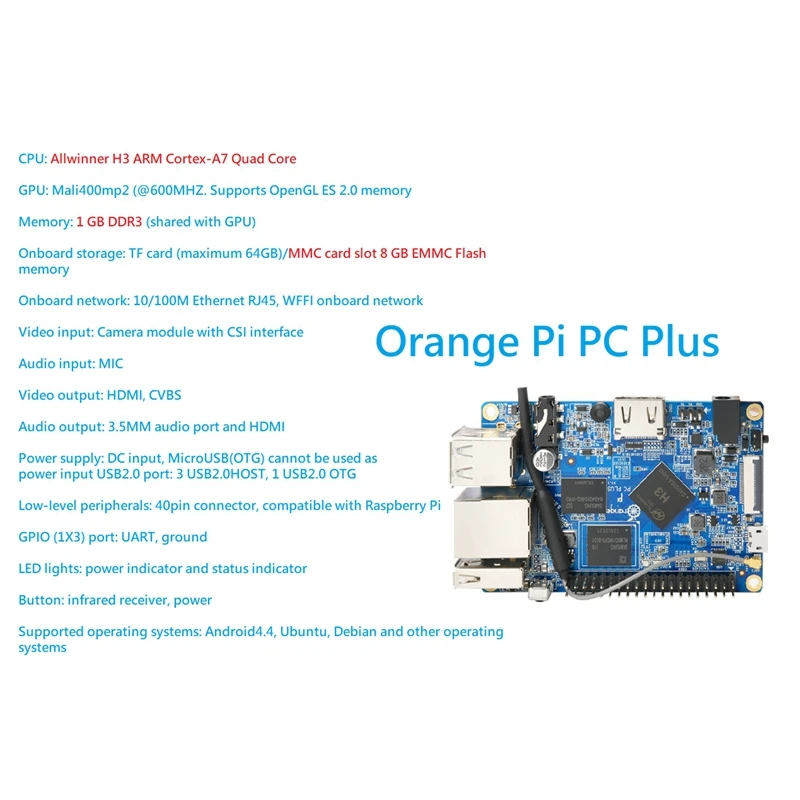 Orange Pi PC Plus H3  1GB DDR3 + 5V3A   ġ Cortex-A7  ھ  ȵ̵ 4.4/Ubuntu/Debian US Plug