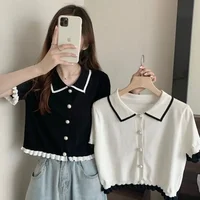 T-shirt court à boutons pour femmes, veste rayée patchwork, vêtements Y2K pour filles, pull coréen, chemise courte 2