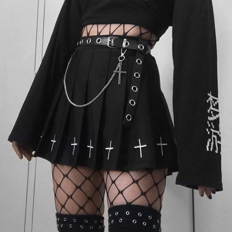 2022 High Waist Mini Black Skirts Gothic Streetwear Cross Print Pleated Women Skirts Emo Fairy Grunge Lolita Harajuku Skirt off shoulder dress Dresses