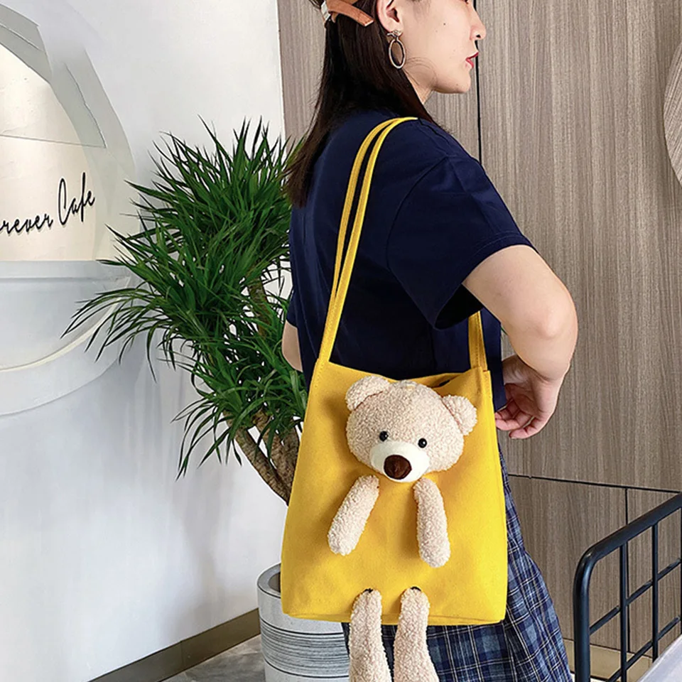 

Korean Version New Little Bear Shoulder Bag Women'S Fashion Canvas Bag Travel Shopping Large Capacity Handheld Tote Bag M904