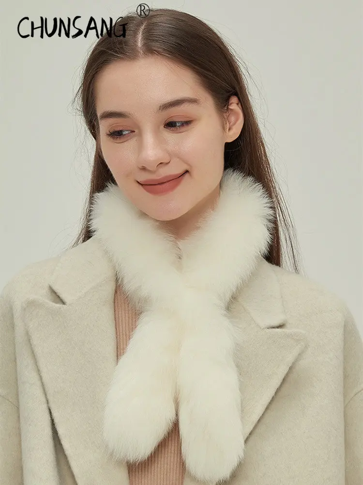 2022 New In 360 ° Hair Soft Plush Winter Warm Real Fox Fur Collar Scarf Women Luxury Korean Fashion Scarves Designer Handmade