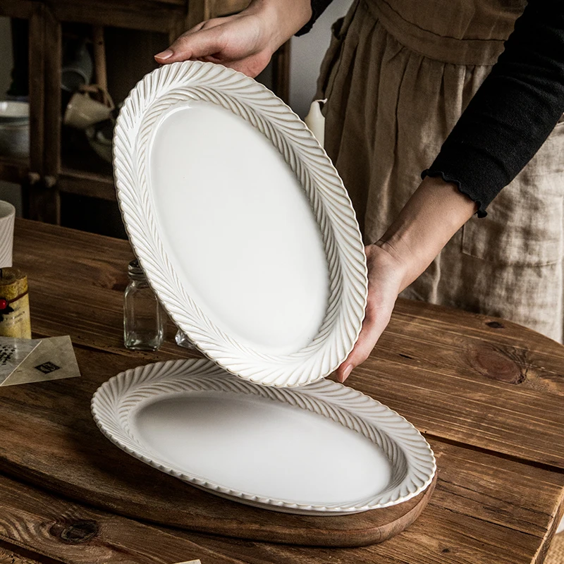 

Embossed Craft, Oval Ceramic Plates, Household Tableware, 12 "Serving Plate, 1Pc, Fish Plate，3D wave pattern