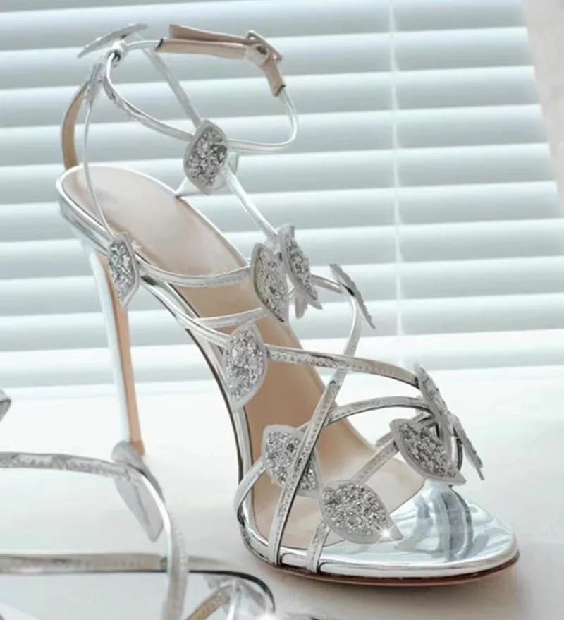 

Sexy Silver Bling Leafs Straps Cross Cutout Sandals Stiletto High Heels Women Gladiator Peep Toe Bridal Wedding Shoes