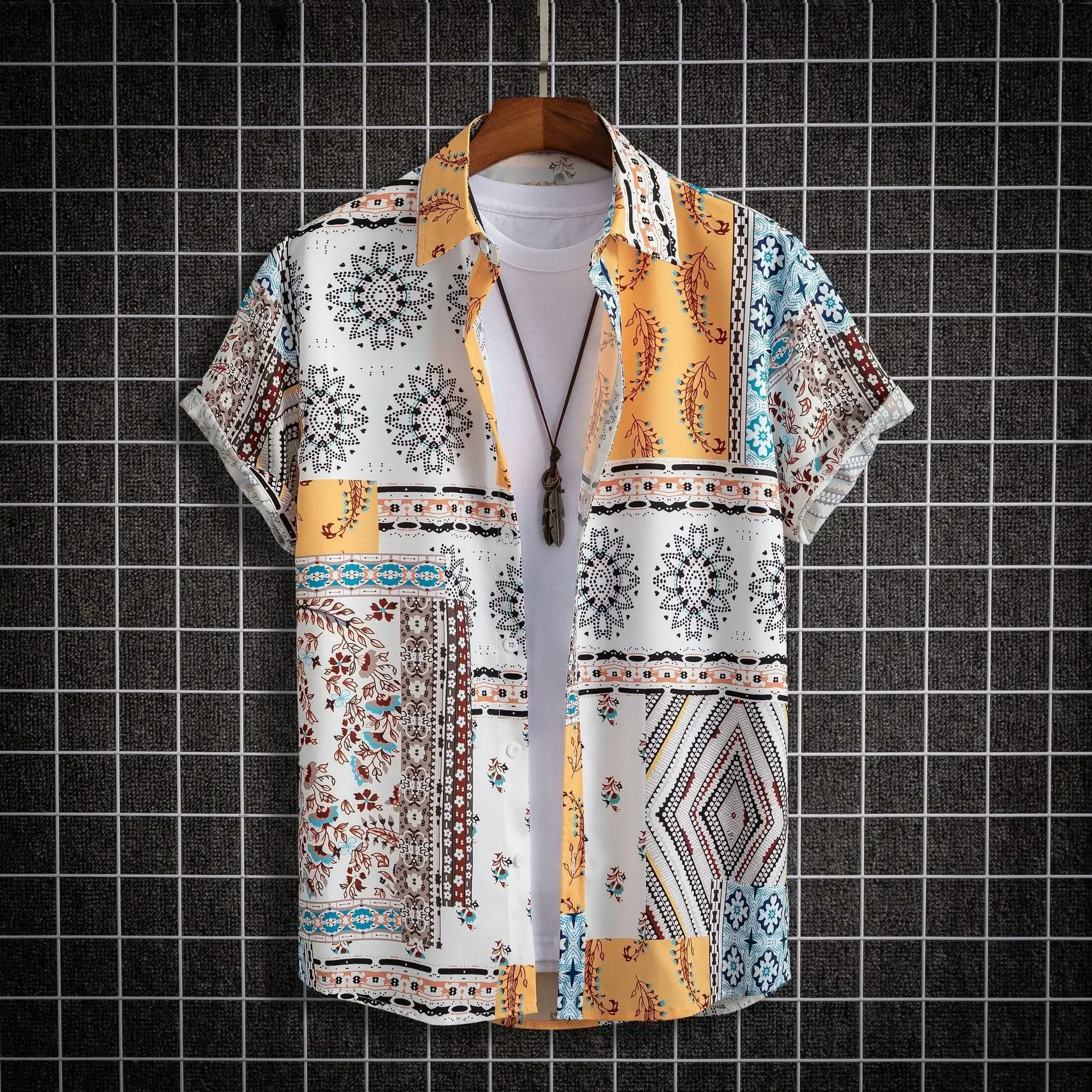 2025 Hawaiian Shirt Men Fashion Flower Geometric Printed Blouse Single-breasted Beach Short SleeveTops Men's Holiday Clothing 3