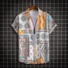 2025 Hawaiian Shirt Men Fashion Flower Geometric Printed Blouse Single-breasted Beach Short SleeveTops Men's Holiday Clothing 3