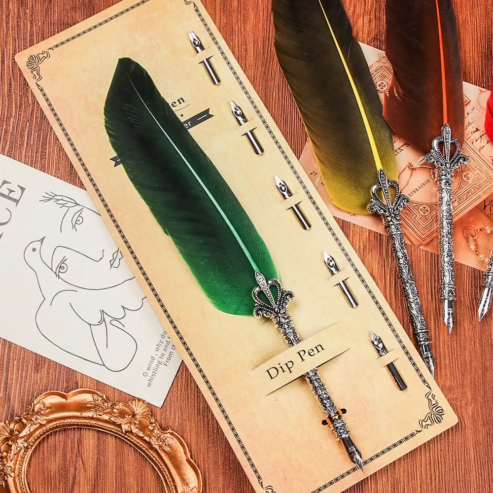 1 Set Luxus Vintage Türkei Feder Dip Brunnen Stift + 5 Schreibfedern Englisch Kalligraphie Kreative Unterschrift Tinte Stift Schreiben Werkzeuge – Detail 3