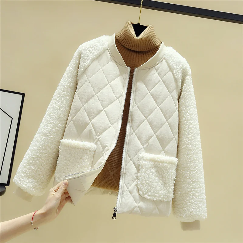 Women Casual Lambwool Winter Jacket Korean Fashion Round Neck Short Parkas Warm Vintage Long Sleeve Cotton Padded Bomber Coat