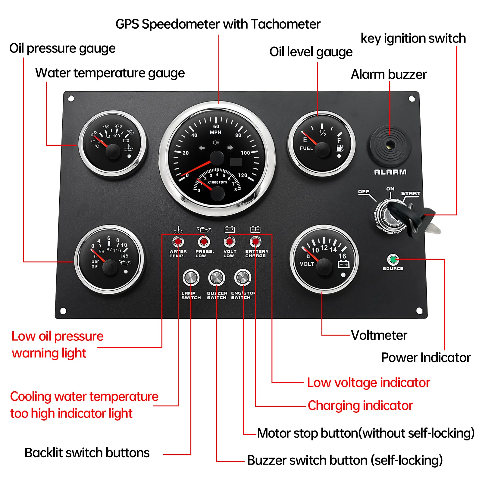 해양 엔진 대시보드 호환 모든 해양 대시보드 12V 24V GPS 속도 수온 오일 압력 연료 레벨 센서 맞춤형
