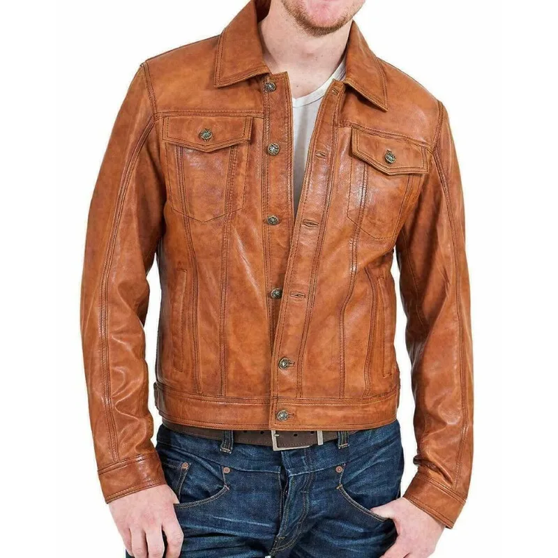 Men's Vintage Distressed Brown Leather Jacket Trucker Biker Real Lambskin Jacket