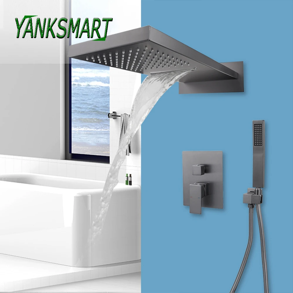 YANKSMART Gun Grey Bathroom Shower Panel Waterfall Shower Faucet Concealed Showers Wall Mounted Shower Column Mixing Valve Set