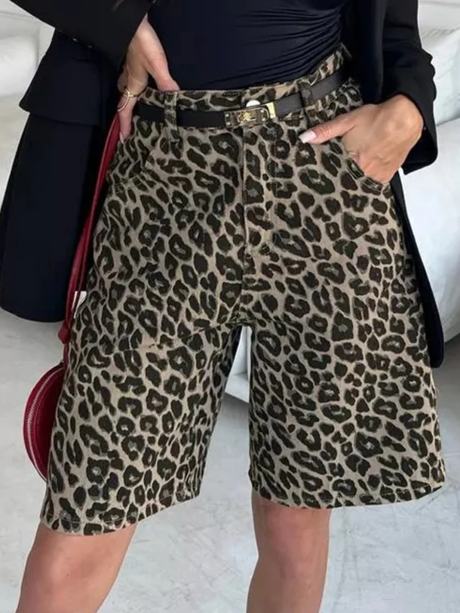 Bornladies 100% Cotton Retro Leopard Print Shorts Women's Fashionable High Waisted Knee Casual Pants Female Pocket Loose Shorts