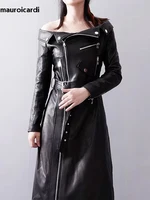 Mauroicardi printemps automne longue équipée rouge Pu cuir Biker robe femmes fermeture éclair ceinture élégant luxe concepteur hors épaule vêtements 2