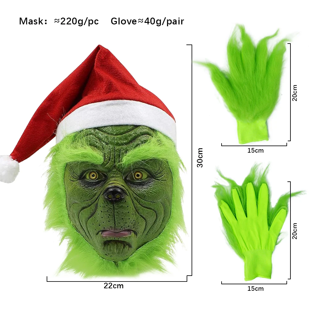 Halloween Mask Halloween Christmas Easter Horror Mask Geek Grinc Latex Mask Hood Cosplay Green Hair Monster Grinch Glove Props