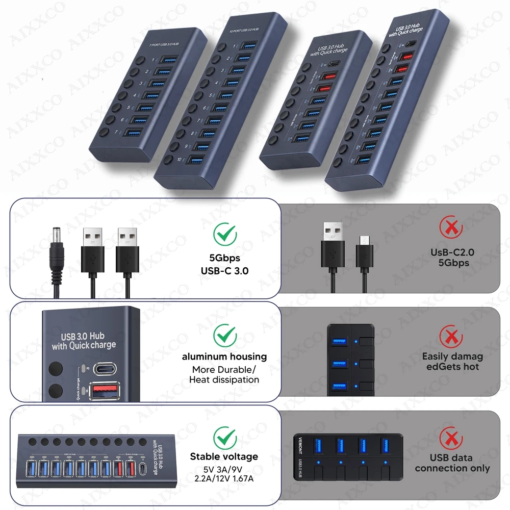 AIXXCO 7/10 Ports USB 3.0 Hub Multi USB Splitter with Switch Power Adapter Multiple Expander for Laptop Accessories MacBook 5