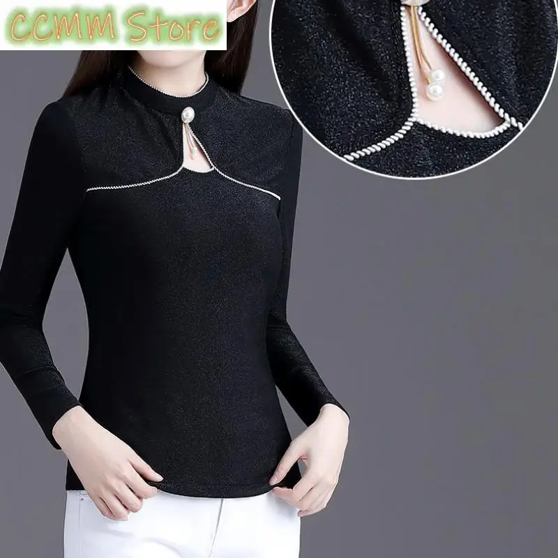 Женская Винтажная футболка с длинным рукавом, Элегантная черная облегающая футболка с длинным рукавом и высоким воротником, осень 2023