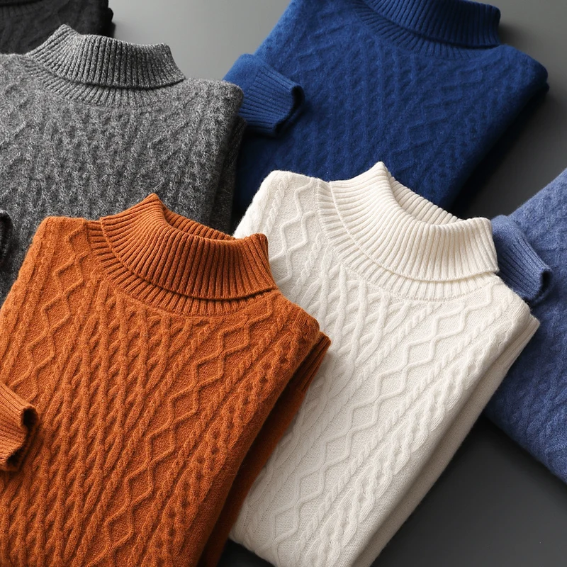RONGYI Autumn and Winter Men\'s Thickened 100% Merino Wool Sweater Knitted Casual Large High Reverse Collar Pullovre Solid Color