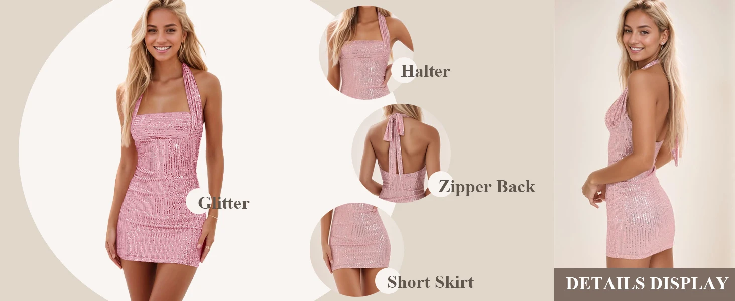 Glitzernde Pailletten, kurze Homecoming-Kleider für Teenager, Neckholder, enge HOCO-Kleider