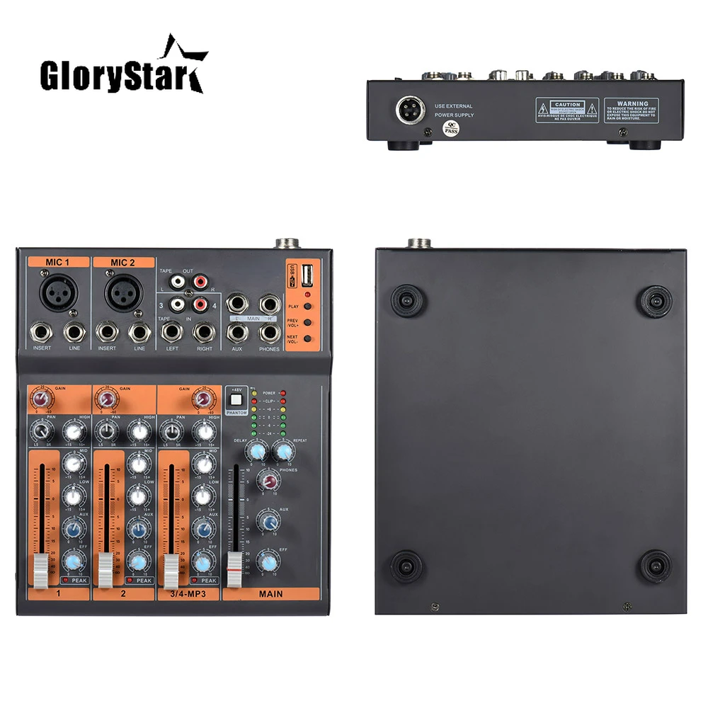 Portable 4-Channel Mic Line Audio Mixer Mixing Console 3-band EQ USB Interface 48V Phantom Power with Power Adapter