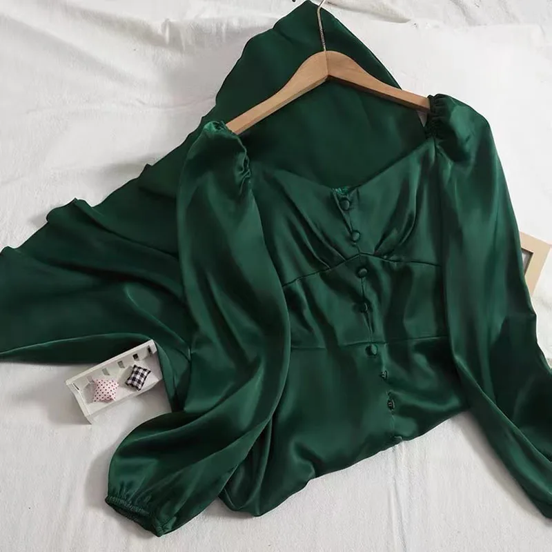 

2022 Spring and Autumn Korean Version Solid Color Satin Dress Women's Breasted V-Neck Long Sleeve Slit Long Dress