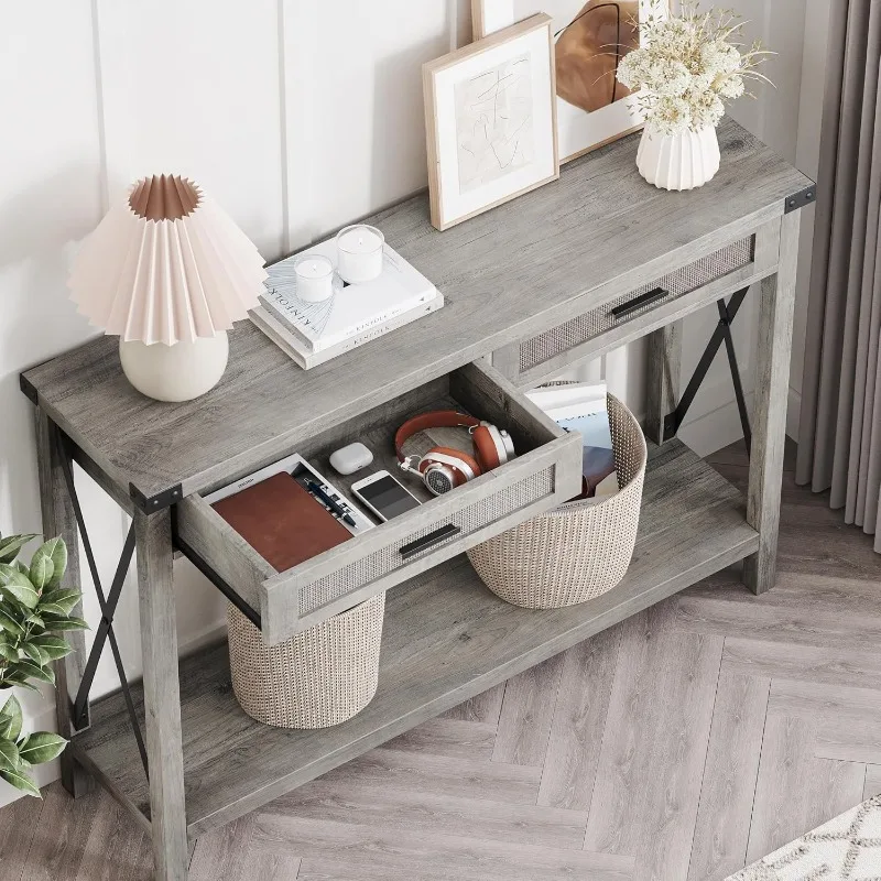 Farmhouse entrance table, grey control table with rattan drawers, 43 "sofa table with storage 4
