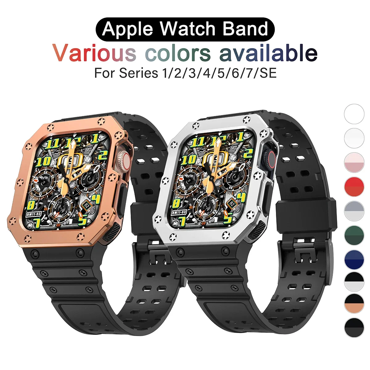 Apple Watch SE 및 iWatch Series 8765 4 3 2 1 용 러기드 밴드, 충격 방지 스포츠 범퍼, 보호 케이스 포함