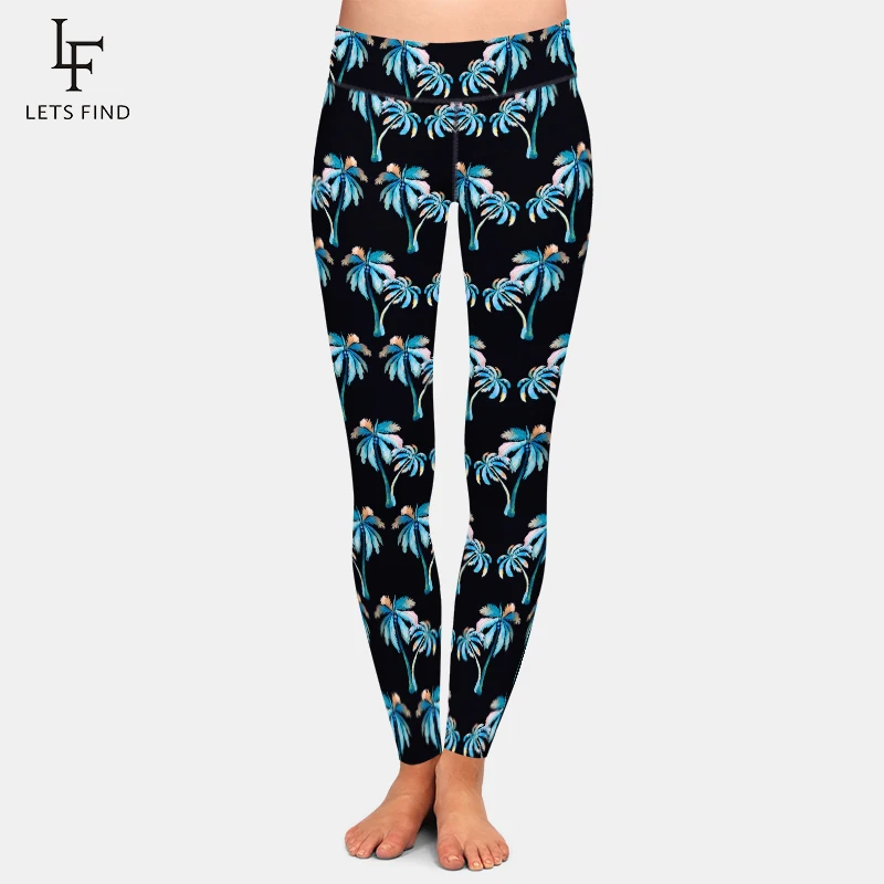 LETSFIND Brand New Arrival Tropical Palm Trees and Coconuts Print Workout Leggings Women High Waist Slim Leggings new arrival two piece sets women solid autumn tracksuits high waist stretchy sportswear love print tops leggings outfits