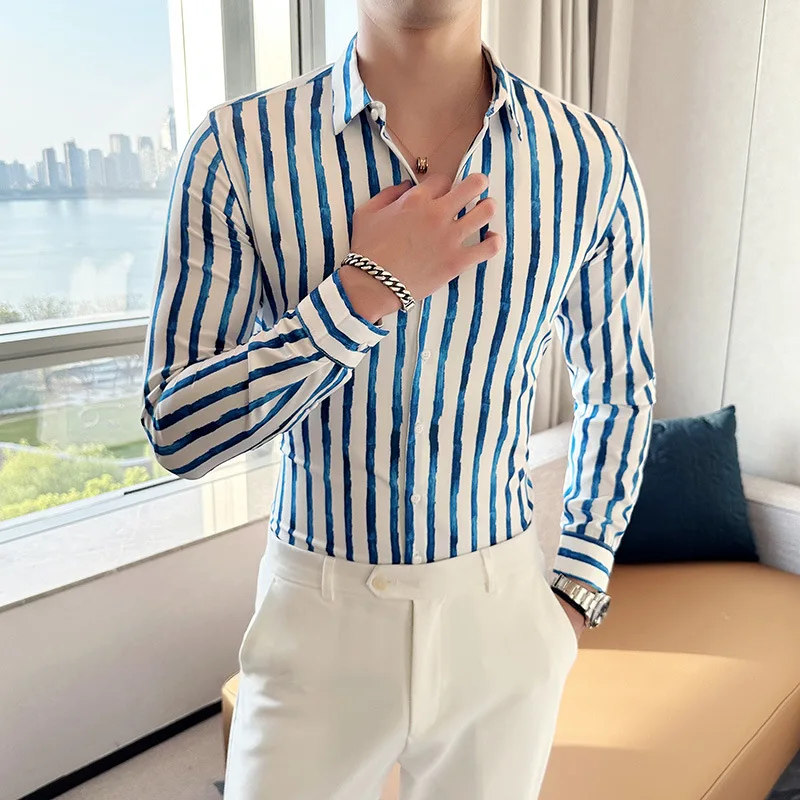 

6XL Plus Size Striped Print Long-Sleeve Luxury Dress Shirts Men Slim Fit Tuxedo Male Shirt Streetwear Party Social Chemise Homme